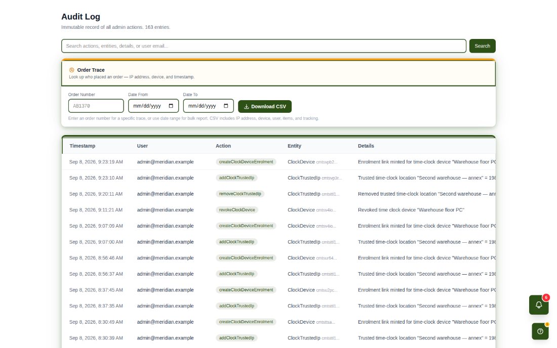 The Audit Log screen: an order trace lookup with CSV download and a table of timestamped actions by user, action, entity and details