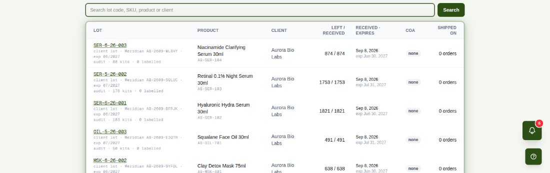 The lots table: lot code with client lot number and expiry, product, client, units left of received, received date, certificate status and orders shipped