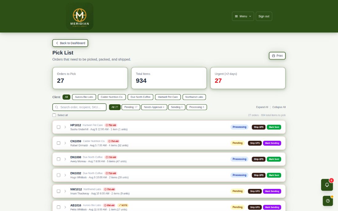 The Pick List screen: orders to pick with age badges, per-client filters, status tabs and Ship UPS buttons on each row