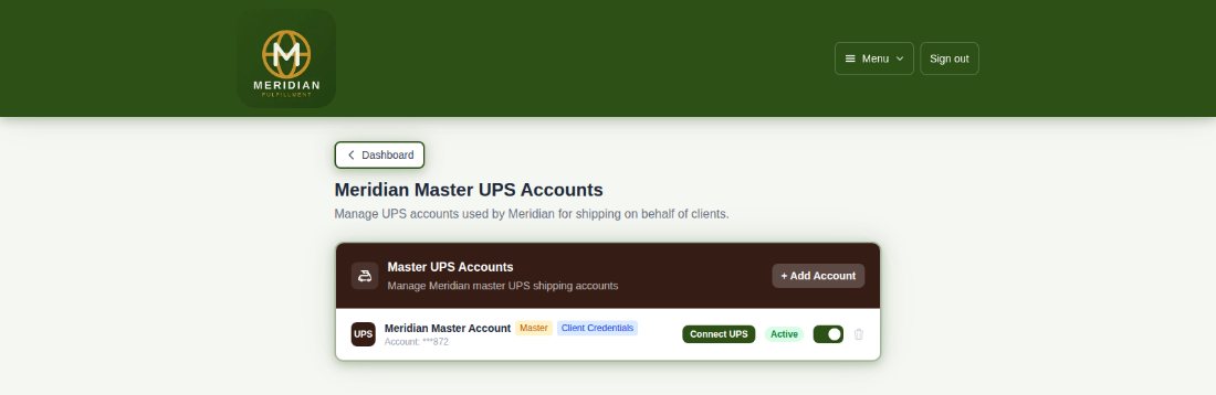 The master UPS accounts screen with an active UPS account connected and a button to add another