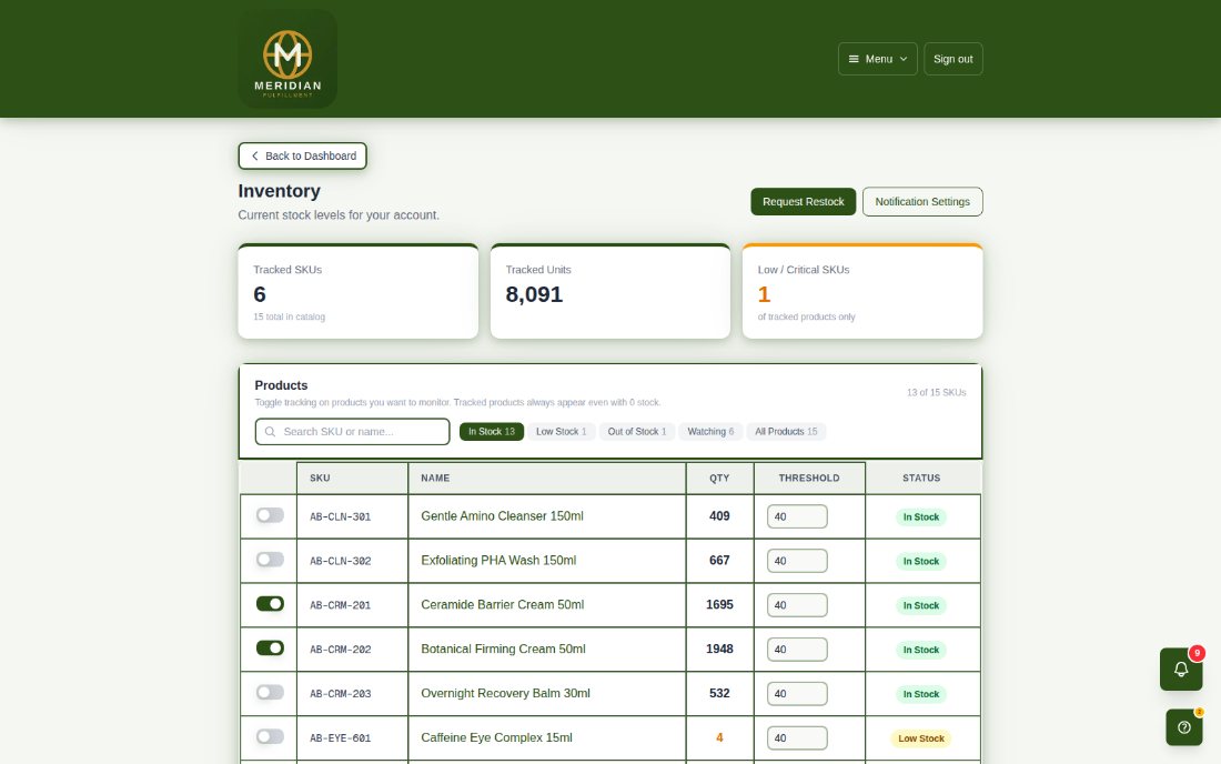 A client's Inventory screen: tracked SKUs and units, low-stock count, and a product list with quantity, threshold and status