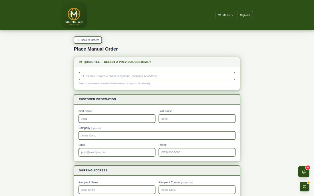 A client's new-order form with quick fill from saved customers, customer information and shipping address fields