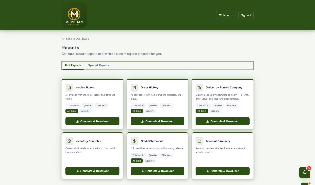 A client's Reports screen with downloadable invoice report, order history, orders by source company, inventory snapshot, credit statement and account summary